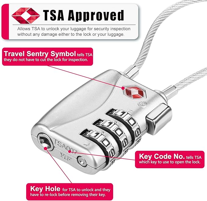 ZHEGE TSA Wire Lock 2 Pack Cable Luggage Lock with Alloy Body for Suitcase, Baggage, Backpack, Pistol Case (Silver)