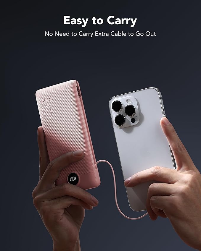 VRURC Portable Charger Power Bank with Wall Plug, 10000mAh Portable Charger with Built in Cables, PD 20W Fast Charging Portable Charger with Cords External Charger Travel Accessories-Pink(1 Pack)