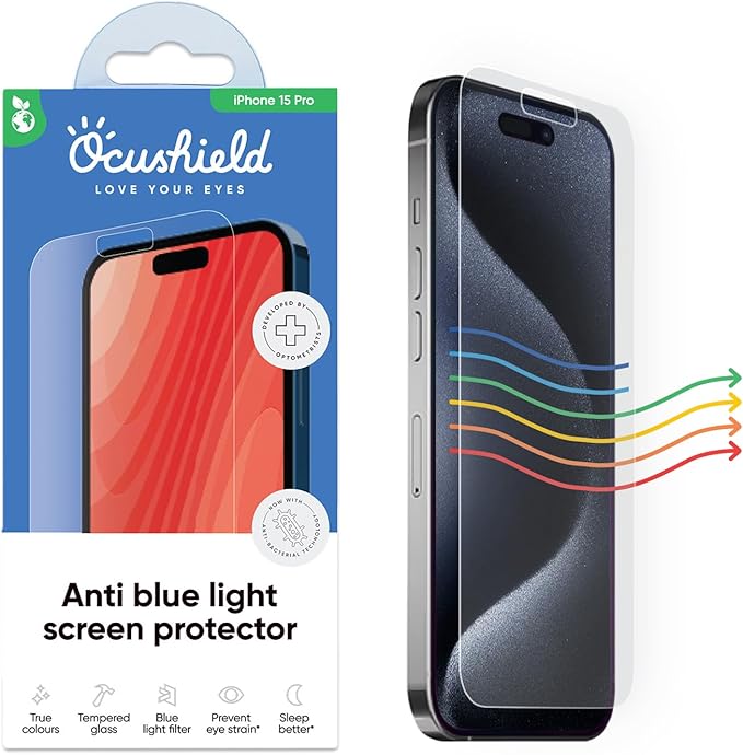 Ocushield Anti Blue Light Tempered Glass Screen Protector for iPhone 15 Pro (6.1") - Protect Your Eyes, Reduce Migraines & Improve Sleep