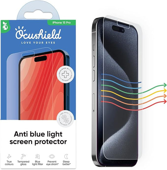 Ocushield Anti Blue Light Tempered Glass Screen Protector for iPhone 15 Pro (6.1") - Protect Your Eyes, Reduce Migraines & Improve Sleep