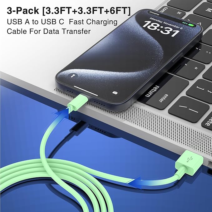 3-Pack Green [3.3FT+3.3FT+6FT] USB A to USB C Cable，USB to USB C Car Carplay Cable for iPhone Air 17 16e 16 15 Pro Plus Pro Max，for Galaxy S25/S24, for iPad Pro/Air/mini, for MacBook Pro/Air and More