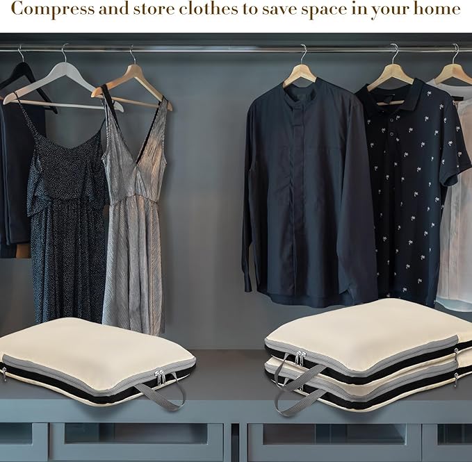 Hosuly 6 Pcs 17.3 x 12.6'' Compression Packing Cube Bag Extra Large Travel Expandable Space Saving Organizers XL for Luggage Storage(Beige)