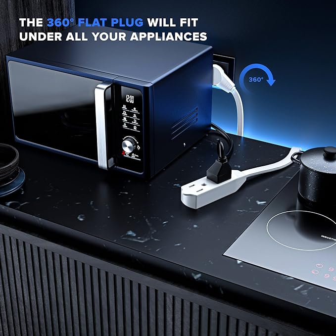 Maximm Cable 50 Ft 360° Rotating Flat Plug Extension Cord, 16/3 AWG Multi 3 Outlet 3-Prong Grounded Wire- White - UL Certified