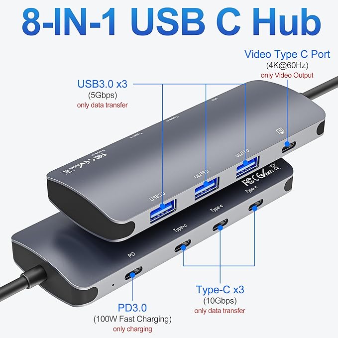 USB C Hub 10Gbps, USB C Splitter with 4K@60Hz Video Output, 100W Power Delivery Charging, Data Transfer, USB4 Hub Multiport Adapter for MacBook Pro/Air, iPad Pro, Mac mini and More Type C Devices