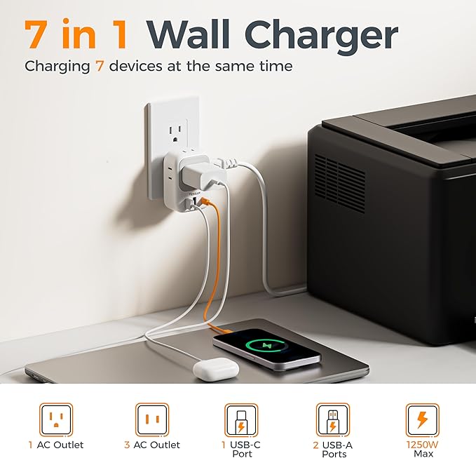 TESSAN USB C Charger Block 20W PD, Fasting Charging Electrical Outlet Extender with 4 Box Splitter and 3 USB Ports, 4 Side Multi Plug Wall Outlet for Cruise Home Office Dorm Room