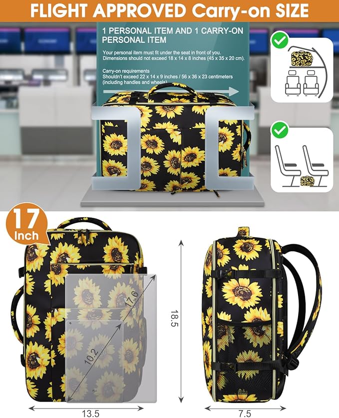 Capolo Travel Backpack for Women Men Waterproof Laptop Backpack Airlines Approved Carry On Backpack Bag Computer Bookbag for Business, Work, Traveling Fits 17 Inch Laptop(Sunflower)