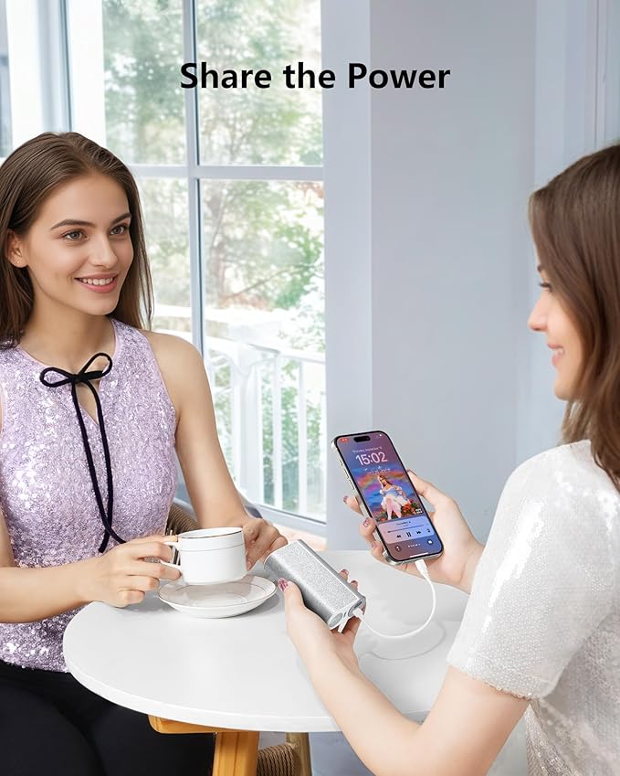 VEGER Compact Portable Charger with Built in Cable(Removable), 10000mAh Cute Power Bank 20W Fast Charging, Sparkling Battery Pack Fashion Travel Accessory Compatible with iPhone 15/14, Android-Sliver