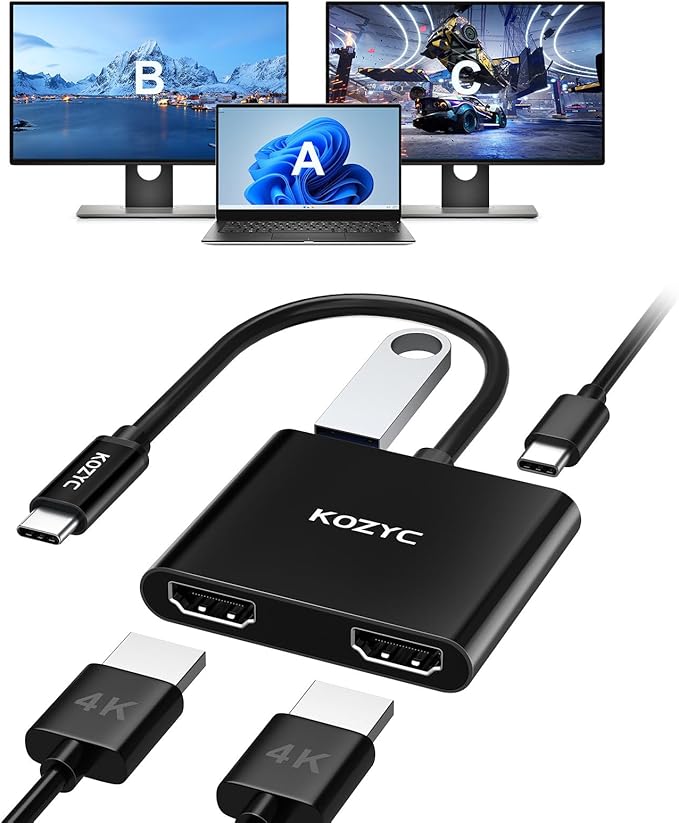 USB C to Dual HDMI Adapter 4K@30Hz, USB C Hub Multiport Adapter with 2xHDMI, USB 3.0, 100W PD, Support USB C to HDMI Splitter Extended Display (MST Only Support Windows), Black