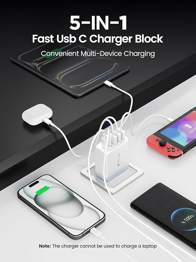 USB C Charger Block,EIZLXQ [2-Pack] Type C Charger Fast Charging,50W 5-Port Usb Wall Charger Multiport Type C Charging Block Cube for iPhone 17/16/15/14/13/12/11 Pro Max XS, iPad, Samsung & More-White