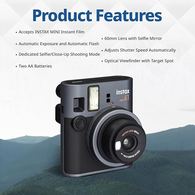 FUJIFILM Mini 41 Instant Film Camera Bundle – Instant Photo Camera with Fujifilm Mini Film (20 Sheets), Photo Album, Batteries, Cleaning Cloth & Accessories – Great Gift for Kids, Teens & Beginners