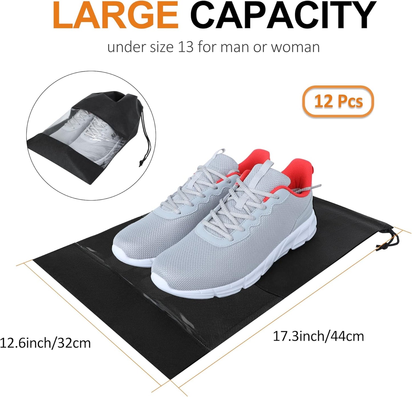 YAMIU 12PCS Shoe Bags for Travel - Large Dustproof Drawstring Shoes Pouch Packing Organizers for Men & Women, Black