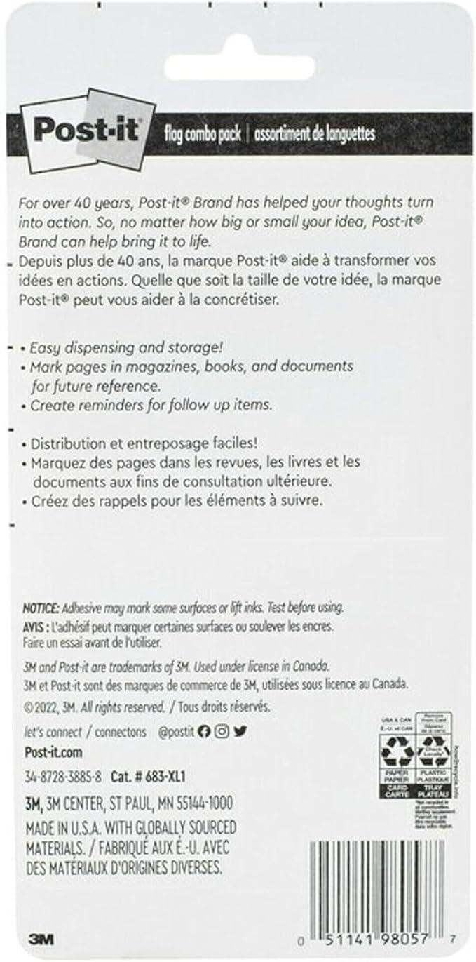 Post-it Flags Combo Pack, 4 On-The-Go Dispensers/Pack, 120 .94 in Wide and 200 .47 in Wide Flags, Assorted Colors (683-XL1) (Pack of 12)