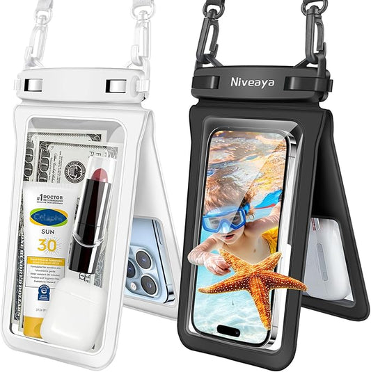 Niveaya Double Space Waterproof Phone Pouch - 2 Pack, Waterproof Phone Lanyard Case with iPhone 16/15/14/13/12 Pro Max up to 8.3", Phone Dry Bags for Vacation Beach Pool Kayak Cruise Travel Essentials