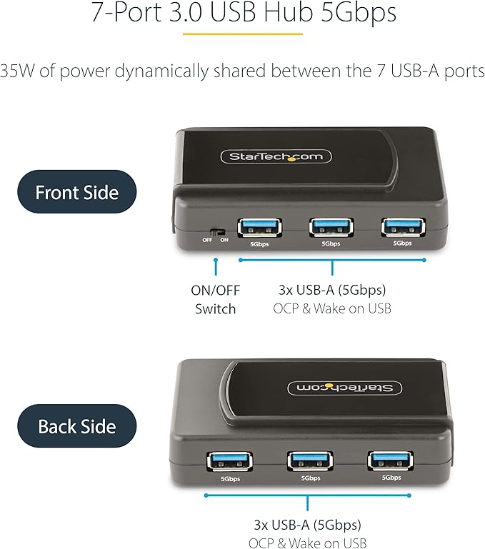 7-Port USB Hub with On/Off Switch, USB 3.0 5Gbps, USB-A to 7x USB-A, Self Powered USB-A Expansion Hub w/ 35W Power Supply