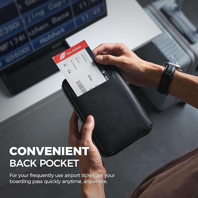 VULKIT Leather Passport Holder for 4-8 Passports Family Passport Wallet with Zipper Travel Documents Organizer for Men or Women(Black)