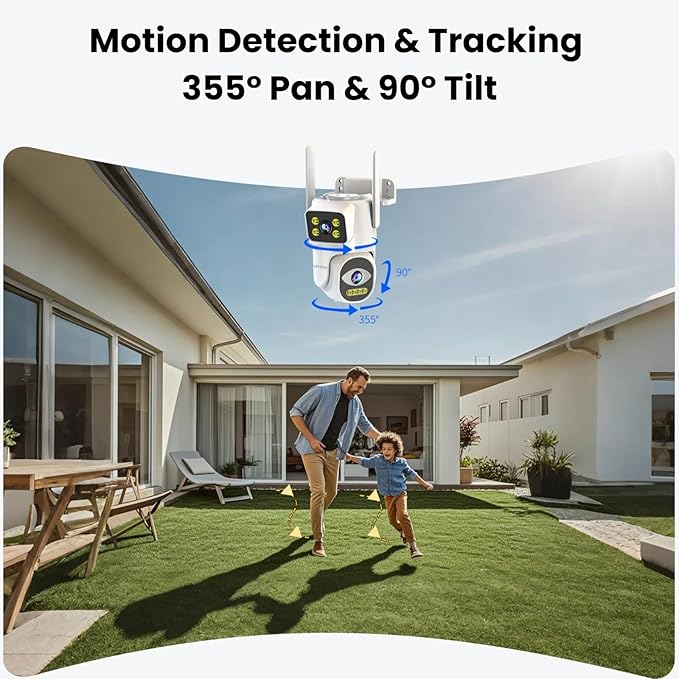 Dual-Lens 4G Cameras for Home Security, Pan/Tilt Smart Security Camera-Outdoor/Indoor, Color Night Vision,Motion Tracking,24/7 Recording,2-Way Audio & Siren,IP65,SD/Cloud Storage