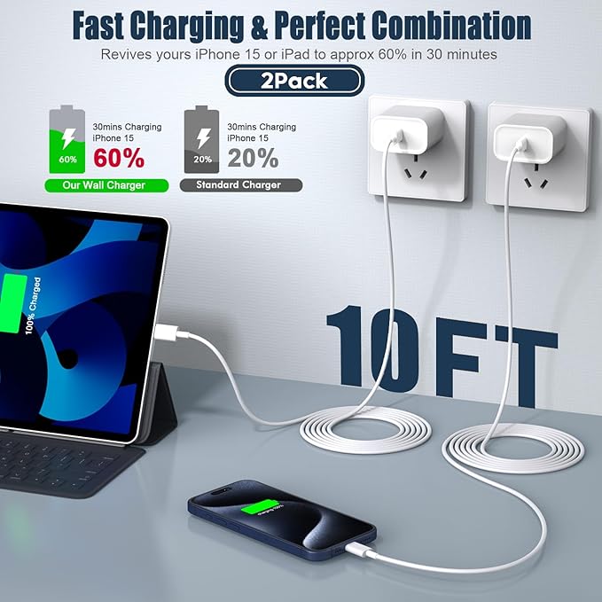 iPhone 16/15 Charger Fast Charging, 2Pack 10FT Long USB C to C Apple Fast Charging Cable Cord with 20W PD USB C Fast Charger Block for iPhone 16/15/15 Pro/15 Pro Max/15 Plus,iPad 12.9/11/10.9/Air 5/4