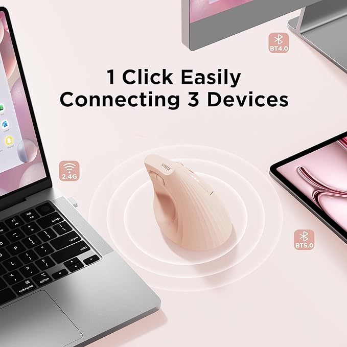 Uineer Ergonomic Wireless Mouse Pink,Bluetooth Vertical Mouse with BT5.0/4.0/2.4G, Rechargeable with Battery Indicator,Ergonomic Design for Comfort and Reduced Wrist Strain for Home,Office Use Pink