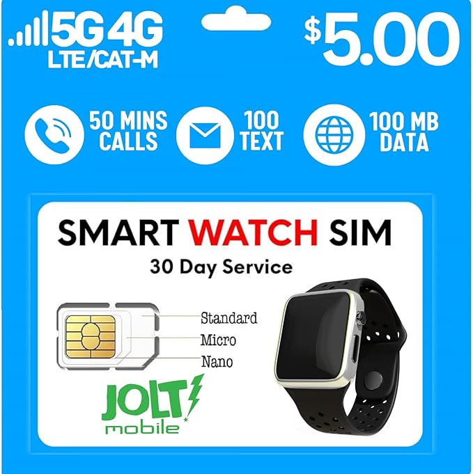 Jolt Mobile $5 Prepaid SIM Card – No Contract GPS Tracker & Smartwatch SIM – AT&T 5G/4G LTE Network – Triple-Cut (Standard, Micro, Nano) for GSM Devices