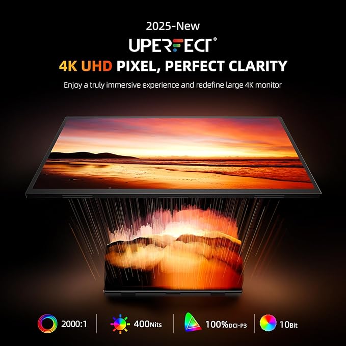 UPERFECT Portable Monitor 4K 23.8" QLED| 400 Nits 24" Large Monitor | 3840 * 2160 UHD 100% DCI-P3 | 1MS FreeSync | USB-C & HDMI | VESA & Kickstand | Second Screen for Computer, Mini PC, Game Consoles