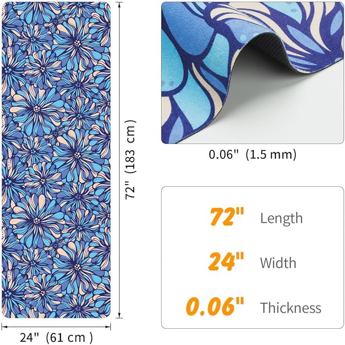 Travel Foldable Suede Yoga Mat, Tear-resistant Non-Slip Fitness Mat, Tote Bag included for Yoga Pilates Exercise Workout, 0.06 Inch/1.5 mm Thick, 72 x 24 Inch/183 x 61 cm