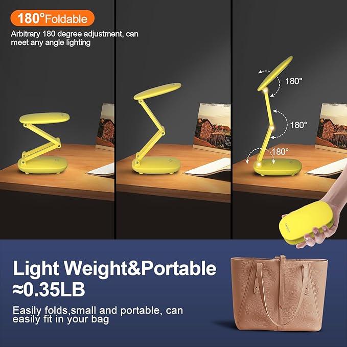 LED Desk Lamp for Office Home & Battery Operated Lamp Rechargeable Lamp Foldable & Portable Light, [2-Fold Bracket] 3 Brightness Dimmable Small Desk Lamp Wireless Reading Lamp (Yellow)