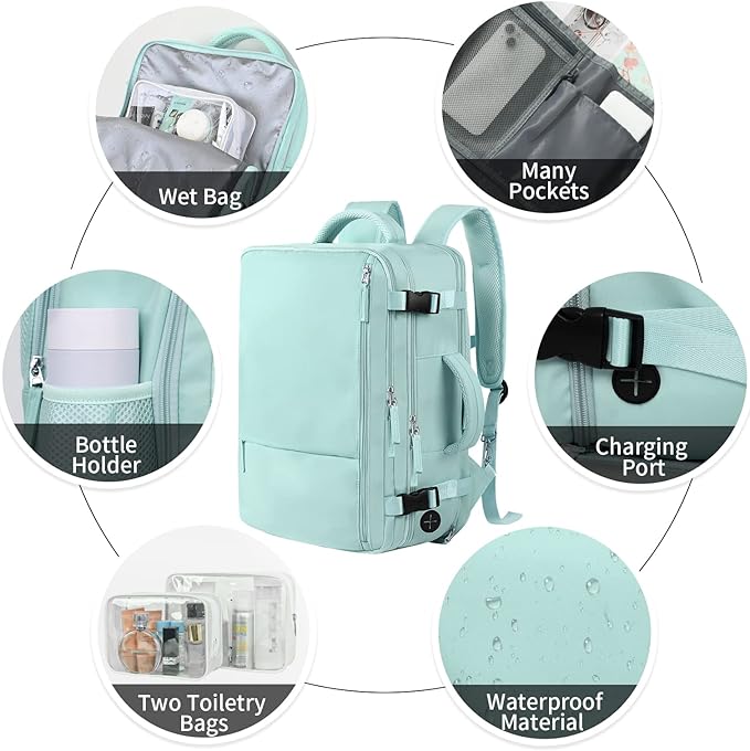 Hanples Carry on Backpack, Laptop Travel Backpack for Women Airline Approved, Personal Item Travel Bag for Men, Casual Daypack Bag for Business Work Weekend with 2 Toiletry Bags (Mint Green)