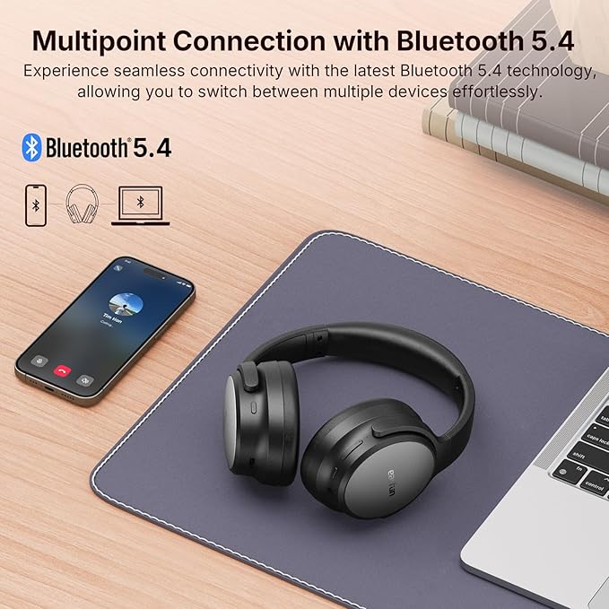 EarFun Tune Pro Active Noise Canceling Headphones, Wireless Bluetooth Headphones with 5 Mics, 120H Playtime, Bluetooth 5.4, Hi-Res Audio, Multipoint Connection, Custom EQ via App, Comfortable Fit