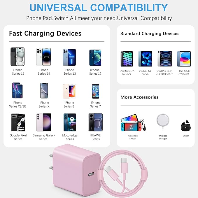 iPhone 17 16 15 Charger Fast Charging 3+3Pack Type C Charger USB C Chargers Block with 6FT Cable for iPhone Air/17/17 Plus/17 Pro/17 Pro Max/16/16 Plus/16 Pro/16 Pro Max/15/15 Pro Max/iPad Pro(Pink)