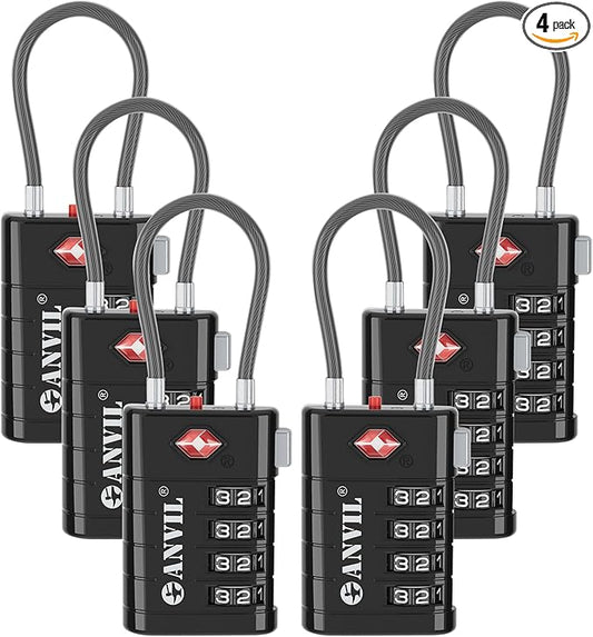 ANVIL 4 Digit Luggage Locks, TSA Locks for Luggage, Advanced TSA008 core, Alert Indicator for Your Travel Lock, Suitcase Lock. (6, Black)
