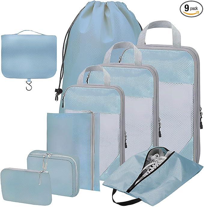 Compression Packing Cubes for Suitcases – 9 Set Travel Luggage Organiser Bags with Mesh Design, Waterproof Ultralight Packing Cubes for Backpack, Clothes & Home Storage (Blue)