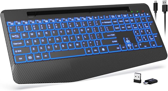 Wireless Keyboard with 7 Colored Backlits, Wrist Rest, Phone Holder, Rechargeable Ergonomic Computer Keyboard with Silent Keys, Full Size Lighted Keyboard for Windows, MacBook, PC, Laptop (Black)