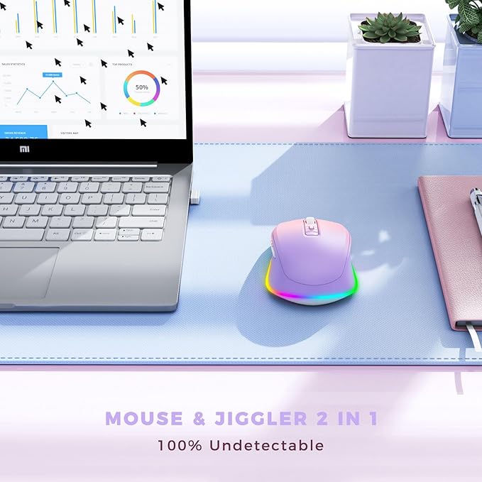PEIOUS Wireless Mouse Jiggler - LED Wireless Mice with Build-in Mouse Mover, Rechargeable Moving Mouse for Laptop with Undetectable Random Movement Keeps Computers Awake - Purple to Pink