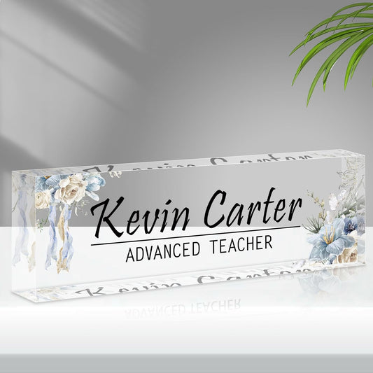 Name Plate for Desk Personalized, Acrylic Desk Decorations, Employee Appreciation Gifts, Custom Office Gifts for Coworkers, Boss, Teacher, Nurse (White Blue Flowers)