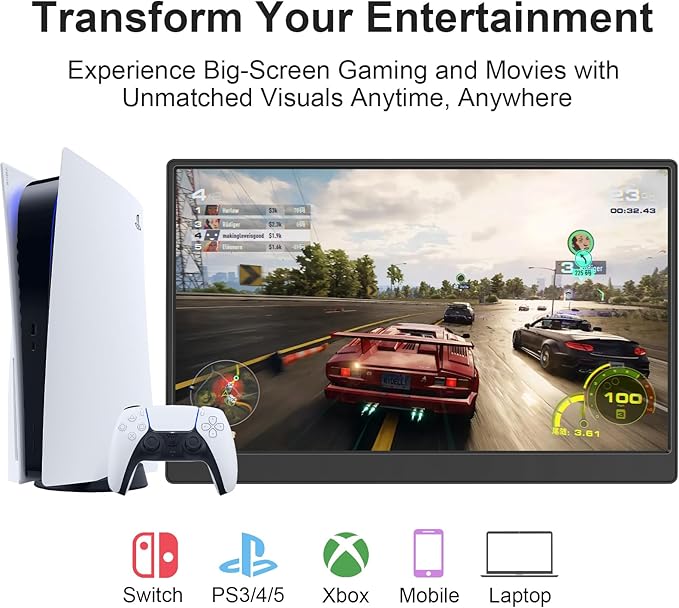 Portable Monitor 15.6-inch FHD 1080P Ultra-Slim Travel External Monitor HDR IPS Gaming Display with Kickstand &Speakers USB-C HDMI Plug&Play，for Laptop PC Phone PS4/5 Xbox Switch