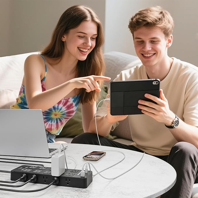 Flat Plug Power Strip Surge Protector with 20 AC Outlets 6 USB Ports, 1875W/15A, 2700 Joules, 6 Ft Heavy Duty Extension Cord with Multiple Outlets for Home, Office, Dorm, Gaming,ETL Listed