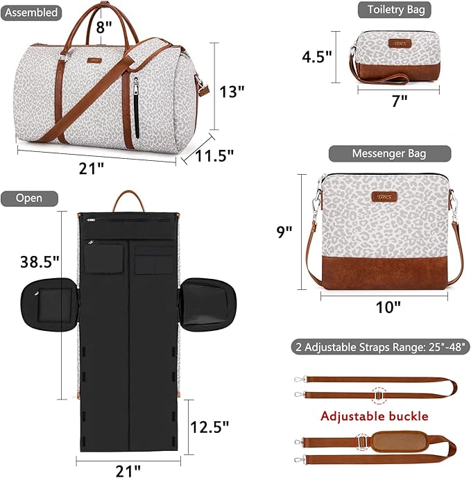 4pcs Convertible Garment Duffel Bag for Travel - 50L 2-in-1 Carry On Weekender Overnight Bag with Toiletry Bag, Fits Suits & Dresses, Trolley Sleeve, Hanging Suit Compartment, Waterproof Shoe Pocket