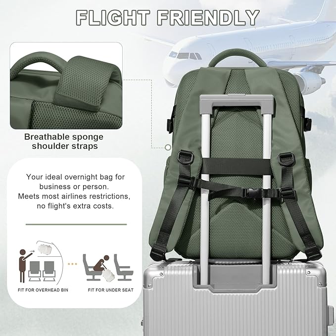 VECAVE Carry On Backpack for Women, Airline Approved Large Travel Backpack Flight Approved, Waterproof 14 Inch Laptop Backpack Business Work Backpacks Bag Men Mochila De Viaje Green.