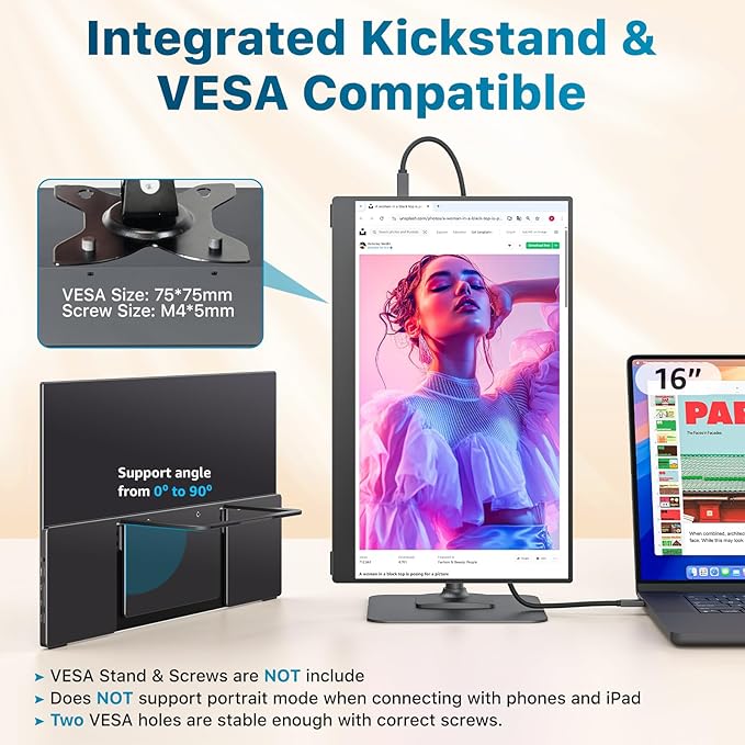 Portable Monitor 15.6 inch 1080P FHD 88% sRGB 60Hz, Travel Monitor for Laptop MacBook Surface PC Xbox PS5, HDMI Dual USB-C VESA Compatible Built-in Speaker, with Stand
