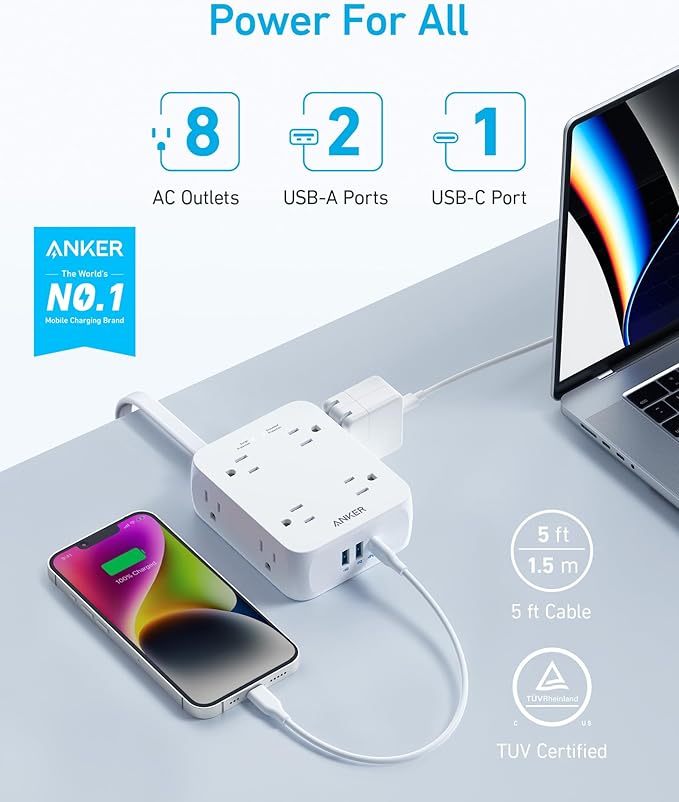 Anker Surge Protector Flat Plug Power Strip 2000J, 5ft Thin Extension Cord, 8 Outlets,2 USB A and 1 USB C Port,20W for iPhone15,Wall Mount,Compact for Home,Office,Room,TUV Listed