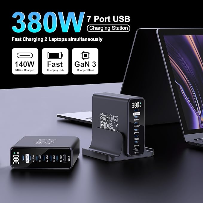 URVNS 380W USB C Charger, GaN III 7 Ports PD3.1 140W PPS 45W QC60W Fast Charging Station with LED Display for MacBook Laptop, iPhone 16/15/14 Pro Max, iPad, Galaxy S25/S24, Steam Deck and More