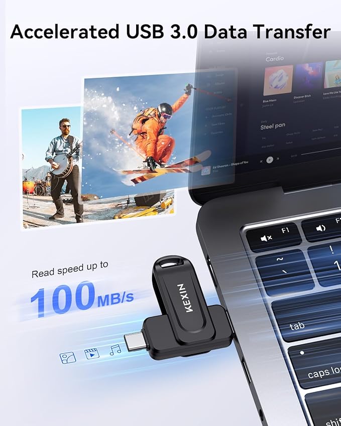 KEXIN 128GB USB C Flash Drive Dual Thumb Drive 100MB/s Swivel USB-A & Type-C USB Drive 3.0 Memory Stick for Smartphone Tablet iPhone 15/16 Car Game Console, 128GB Black