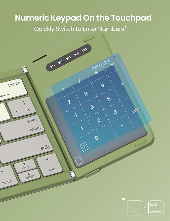 Nillkin Foldable Travel Keyboard with Touchpad & Number Pad, Bluetooth Wireless Portable Folding Full Size Keyboard with Trackpad for PC Laptop iPad Tablets Smartphone, Silicone Leather Cover, Green