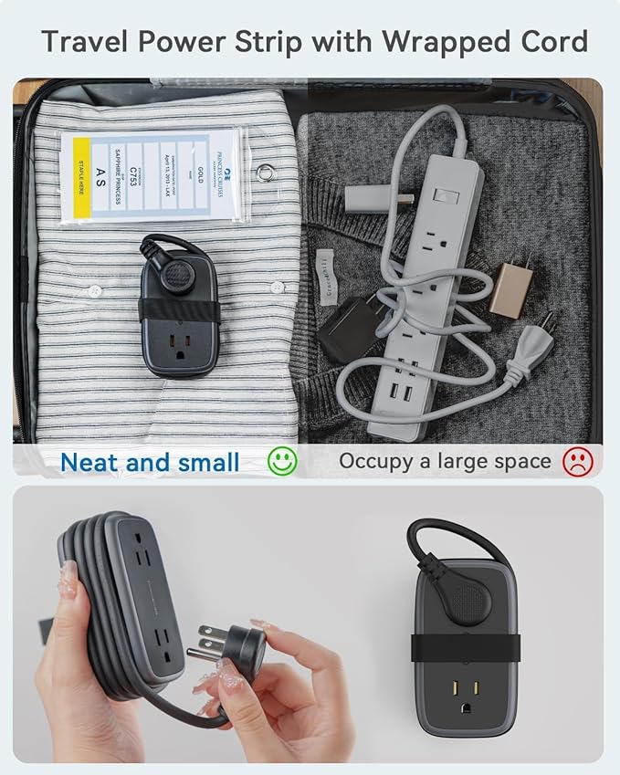 Travel Power Strip with USB Ports, NTONPOWER 4ft Flat Plug Wrapped Around Short Extension Cord with 4 Outlets 3 USB Ports, Compact for Cruise Travel Essential Hotel Home Office, Black