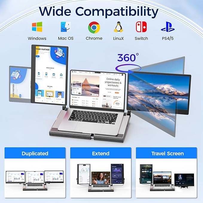 Laptop Screen Extender, 14" FHD 1080P Laptop Monitor Extender,Upgrade Cooling Base and Detachable Screen, Plug & Play Triple Screen Extender Compatible with Windows/Mac/Chrome
