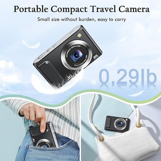 4K Digital Camera for Photography with Front and Rear Lens,48MP Autofocus Vlogging Camera with Flash,Anti-Shake & 16X Zoom for Teens,Adults