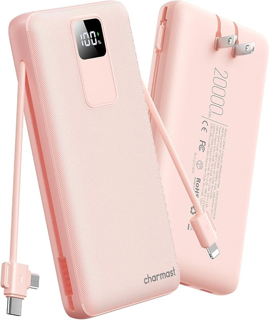charmast 20000mAh Portable Charger with Wall Plug, Fast Charging Power Bank USB C, 20W PD Battery Pack with Built-in Cables Travel Essential for iPhone 16/15/14, Samsung, iPad More Devices (Pink)