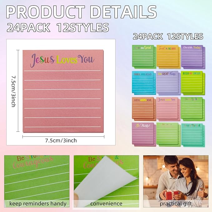 24 Pack 720 Sheets Bible Verses Sticky Notes Post It Inspirational Scripture Quotes,3 x 3 Inch Christian Motivational Positive Memo Pads Mini Notepads with Lines,Religious Office & School Supplies