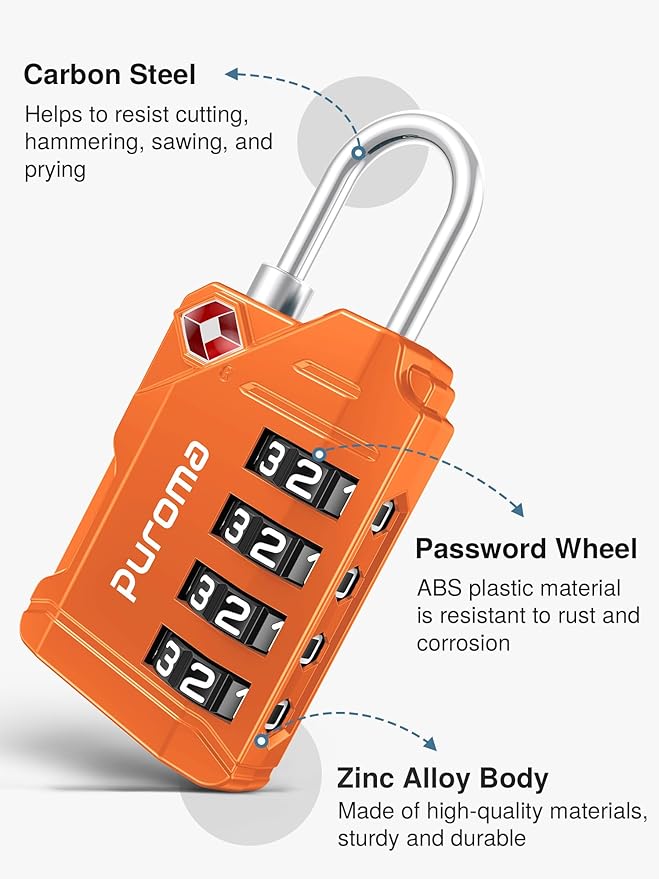 Puroma TSA Approved Luggage Locks, 2 Pack 4 Digit Resettable Travel Combination Code Lock with Zinc Alloy Body for Suitcase, Backpack, Laptop Bag, Gym Locker, Toolbox (Orange)