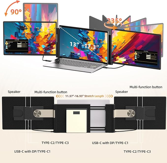 Laptop Screen Extender 2.5K Monitor - 16" Triple Portable Monitor 2560x1600P QHD 100% sRGB IPS 235° Rotation Detachable Screen Design Extra Compatible with Mac Wins Dex Chrome Fits 13"-17" Laptops